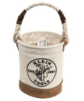 Compact Mini Tool Bucket With Leather Bottom And Reinforced Rope Handle for small jobs, made of heavy duty canvas, front view.