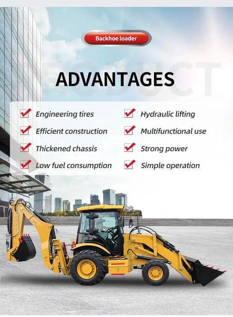 Compact Backhoe Loader With Front Loader And Rear Excavator Do It All Small Wheel Loader in city backdrop showing advantages