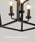 Black Farmhouse Chandelier 4 Light Ceiling Fixture with height adjustable flexible chain, black metal frame and lantern shades.