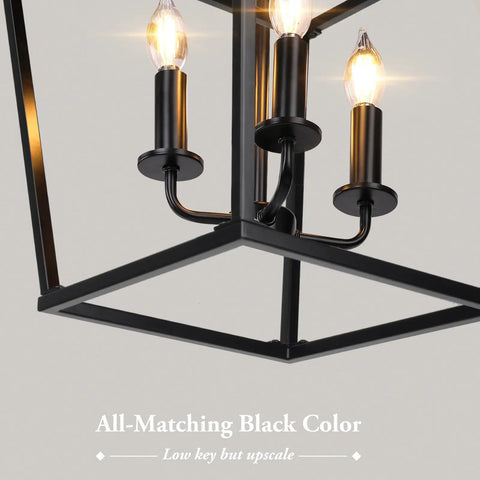 Black Farmhouse Chandelier 4 Light Ceiling Fixture with height adjustable flexible chain, black metal frame and lantern shades.