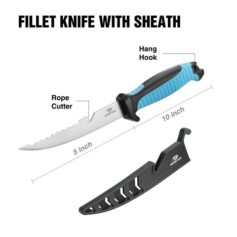 10-inch fillet knife with sheath from 4 Piece Pistol Grip Fishing Tool Kit With 45 Degree Pliers Fillet Knife Gripper