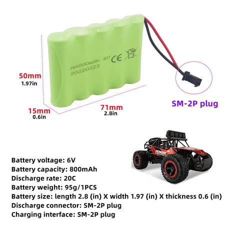 6V 800mAh SM2P Rechargeable RC Battery AA Size with dimensions and SM-2P plug shown with RC vehicle