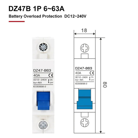 Front and side view of DZ47B 1P 6-63A breaker with dimensions, suitable for DC Battery and EV Circuit Breaker Workhorse 12V-48V.