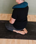 Person kneeling on XL Rubber Yoga Mat 78 Inch By 28 Inch Storm Color With Dual Sided Non Slip Grip facing away
