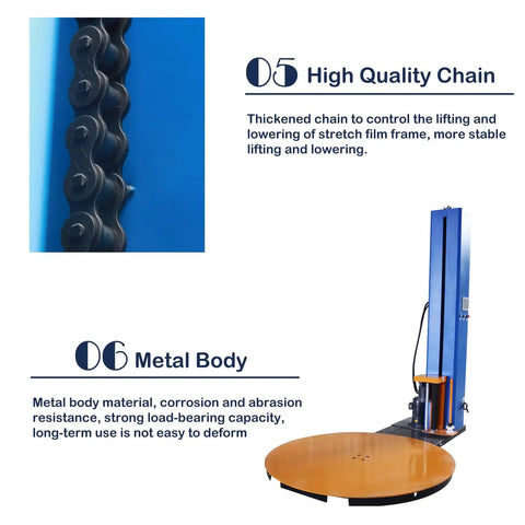Heavy Duty Pallet Wrapping Machine 4409 Lbs Load Capacity shows thick chain and metal body details for stable operation.