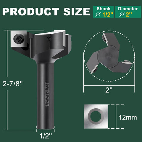 Slab Flattening Router Bit With 1/2 Inch Shank, 2 Inch Cutting Diameter, Three Wings For Spoilboard Surfacing And Wood Planing