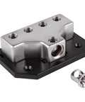 Heavy Duty Car Audio Power Distribution Block With Rock Solid Zinc Alloy Build, 1 Or 4 Gauge Input And Four Outputs With Reducers, Premium Block Cover For Safe Install And Peak Conductivity.