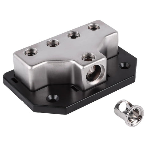 Heavy Duty Car Audio Power Distribution Block With Rock Solid Zinc Alloy Build, 1 Or 4 Gauge Input And Four Outputs With Reducers, Premium Block Cover For Safe Install And Peak Conductivity.