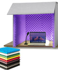 Portable Vocal Booth Soundproof Desk Shield For Top Tier Home Studio Vocal Recordings Built With 360 Degree Sound Absorbing Foam, with purple foam and laptop.