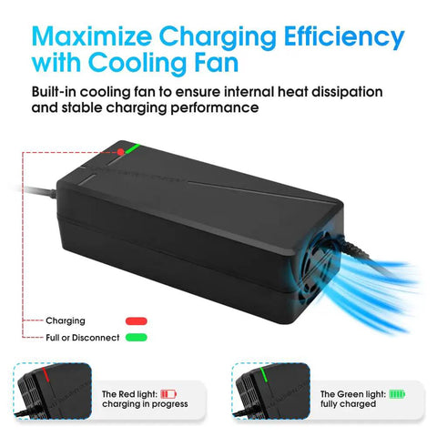 Premium Rock Solid 58.8 Volt 5 Amp Lithium Battery Charger With Hella Fast Quick Charge Circuit showing cooling fan for efficient charging.