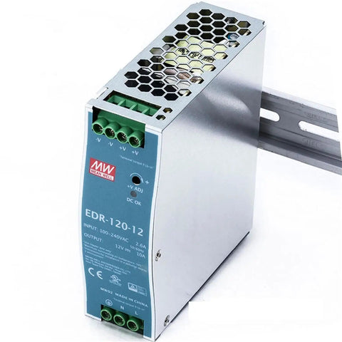 Solid Build 12 Volt Ac Dc Din Rail Industrial Power Supply delivering 120 watts and 10 amps, installed on DIN rail with metal casing.