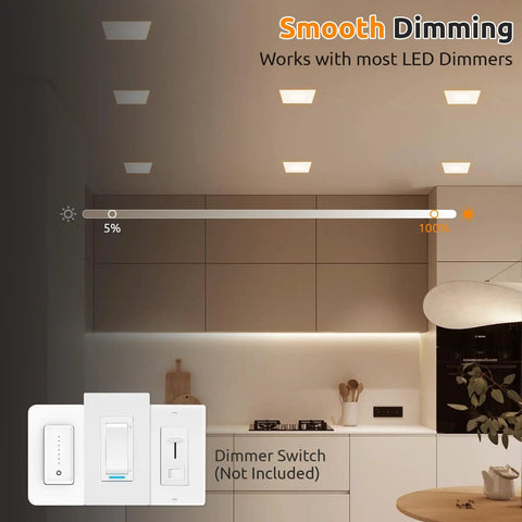 HONZIN 6 Pack 6 Inch Square LED Recessed Lighting, 5CCT, 13W, Dimmable shown with dimmer switch in modern kitchen setting.
