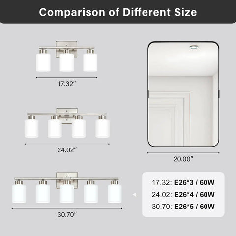 Comparison of sizes for Brushed Nickel Vanity Light For Bathroom Mirrors Hits Different For Your Vanity Area Solid Pick With Etl Certified Ceramic E26 Socket.