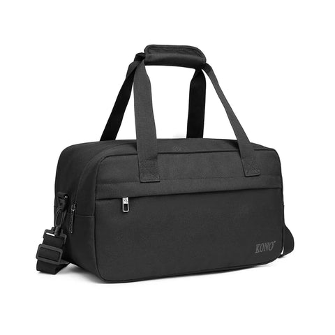 Underseat Carry On Duffle Bag 20L For Plane Travel, Gym, And Weekend Getaway displayed in black with handles and zipper pocket.