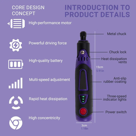Diagram of All In One Rechargeable Cordless Engraving Pen Kit with 82 Accessories, highlighting features and dimensions.