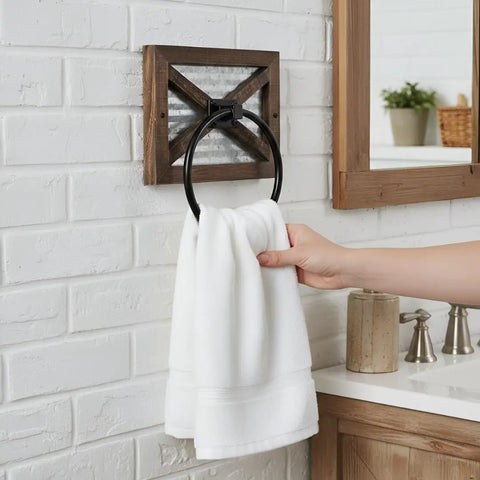 Rustic Farmhouse Toilet Paper Holder And Towel Holder Set Wall Mounted With Weathered Wood Finish And Black Metal Hardware in bathroom