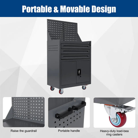 Beefy On Wheels Tool Box Organizer with pegboard, graphite grey, sturdy steel, drawers, and locking system, portable design.