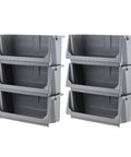 Six Pack Dark Gray Open Front Storage Totes With Oversized Handles Built Like A Tank Heavy Duty Stackable Plastic Bins, 30x16x14 inches.