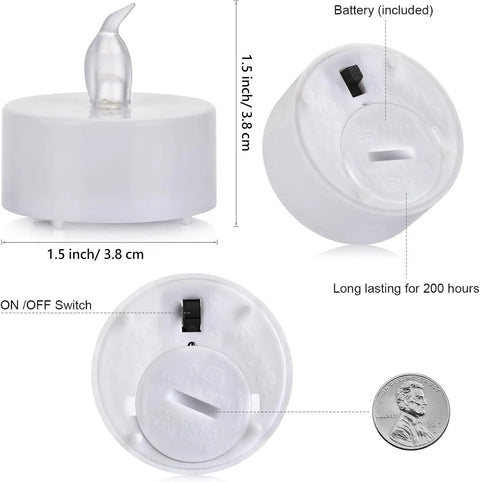 Flameless Tea Lights Battery Operated Candles Set Of 24 LED Flickering Votive Candles with size comparison and battery details.