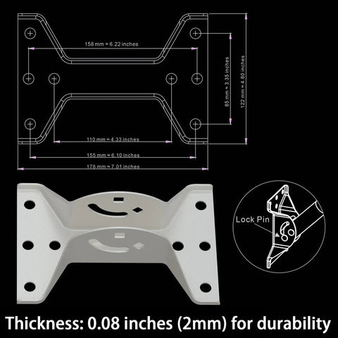 Adjustable Steel Mounting Pole With J Mount bracket dimensions and lock pin details, showing 2mm thickness.