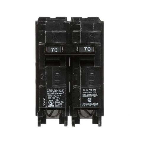 70 Amp Double Pole Type QP Circuit Breaker For 240V Systems With 10,000 AIC, Insta-Wire Ready, Easy Plug In Connection