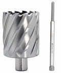 Two-piece Oscarbide annular cutter and Weldon-shank drill bit set, silver metal.