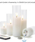 Clear Glass Flameless Candles With Remote Set Of 5 Slim Tall LED Pillar Candles Battery Powered Assorted Sizes shown with remote and battery