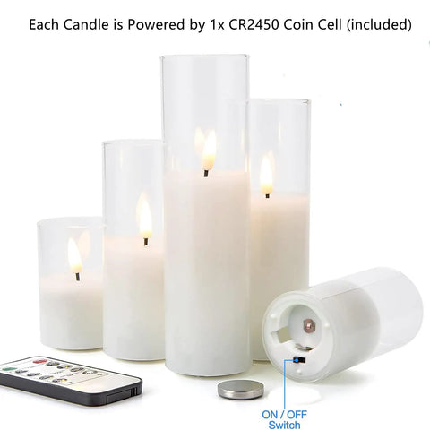 Clear Glass Flameless Candles With Remote Set Of 5 Slim Tall LED Pillar Candles Battery Powered Assorted Sizes shown with remote and battery