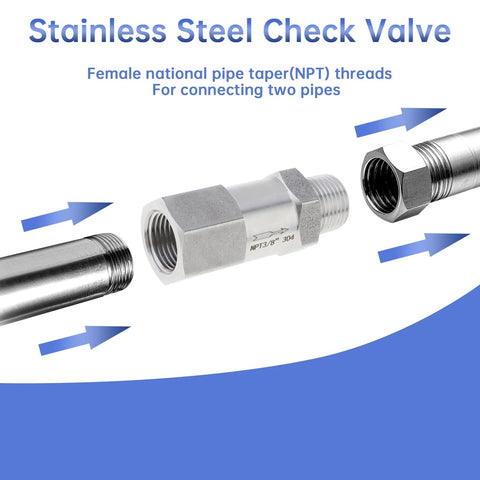 Stainless steel 304 check valve, 3/8 NPT male x female, one-way backflow preventer