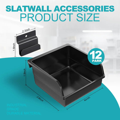 12 Pack Slatwall Bins With Hooks For Garage Workshop And Kitchen Organization Durable Plastic Slatwall Accessories Set For Hardware Craft Room Tool Shed Workbench Easy Mount And Rearrangeable showing product size and black bin