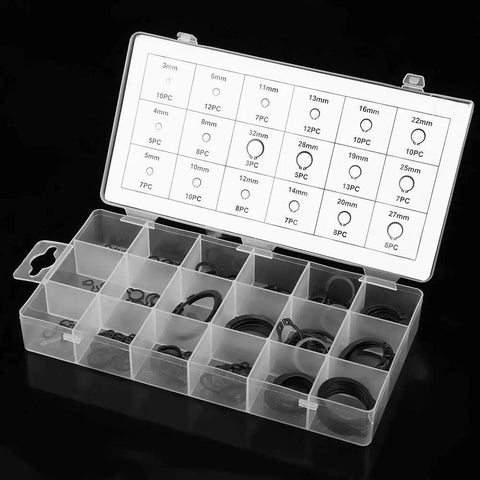 Pro Grade Circlip Kit 3mm to 32mm, 150Pcs External Snap Rings Set in 18 Sizes in clear plastic sorting box, black C clips visible.