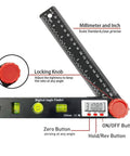 Hella Precise Digital Angle Finder Ruler Featuring LCD Screen With Three Sixty Degree Range Plus Locking Mechanism For Woodworking Construction And Miter Saw DIY Tasks Delivers Sweet Accuracy Every Time, showing locking knob, digital display, and ruler scale.