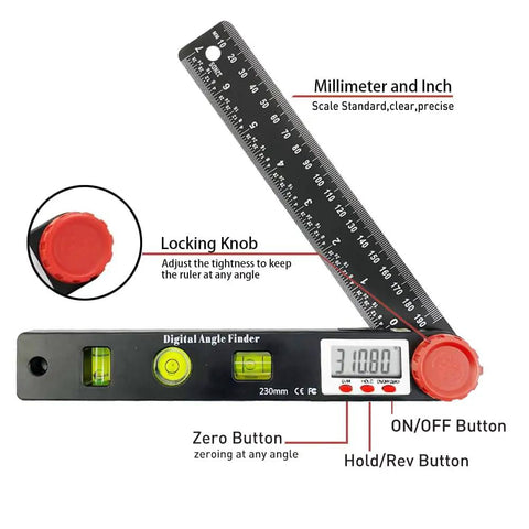 Hella Precise Digital Angle Finder Ruler Featuring LCD Screen With Three Sixty Degree Range Plus Locking Mechanism For Woodworking Construction And Miter Saw DIY Tasks Delivers Sweet Accuracy Every Time, showing locking knob, digital display, and ruler scale.