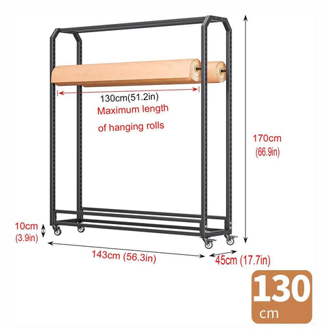 Solid Heavy Duty Adjustable Metal Fabric Roll Storage Rack Featuring Twenty Sturdy Crossbars displaying dimensions and roll capacity.