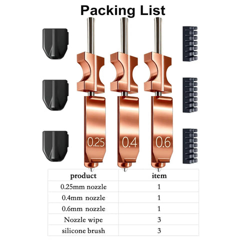 Beefed-Up All Metal Hotend Kit With 0.25mm 0.4mm 0.6mm Nozzles For AD5X Quick-Detach packing list with nozzles and accessories