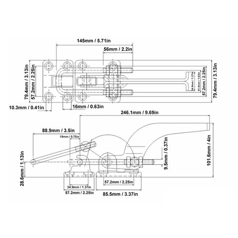 Technical drawing of Beefy Heavy Duty Latch Toggle Clamp For Fixtures And Molds Rock Solid 4000lb Holding Power Industrial Grade Clamp