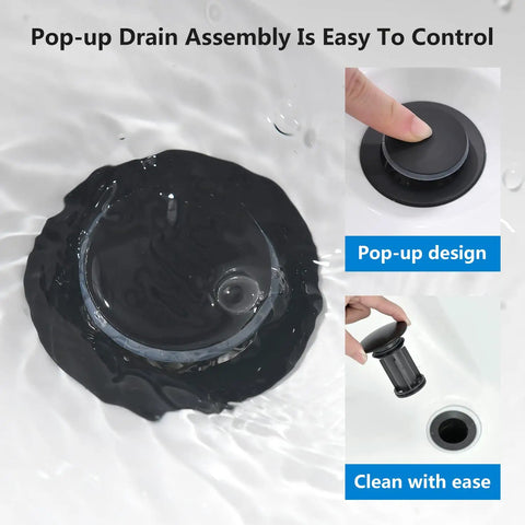 Matte Black Two Handle Bathroom Faucet For 4 Inch Centerset Sinks With Pop Up Drain And Water Supply Lines Made From 304 Stainless Steel Rust And Fingerprint Resistant Built To Last Easy Install No Fuss Vanity Fixture showing pop-up drain mechanism