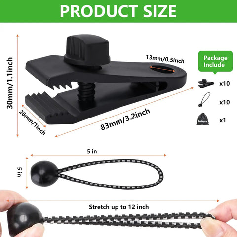 Illustration showing dimensions of heavy duty tarp clips with lock grip clamp and bungee cords, detailing sizes.