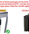 Gate hinge with adjustable gap settings between 3/8" to 1", shown for retrofit applications, made for busy properties.