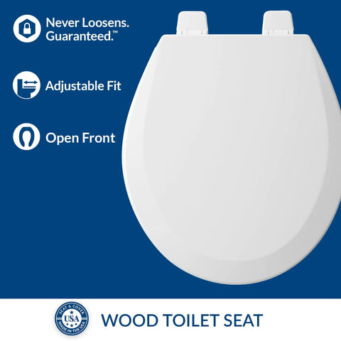Open Front Wood Toilet Seat With Built To Last Durability And Hinges That Stay Tight Made In USA Round White display