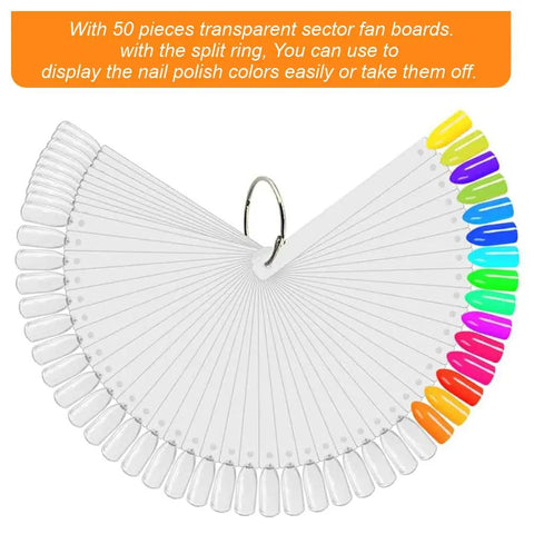 50 Piece Nail Swatch Sticks With Ring and Numbered Tips, Clear Fan Display for Nail Art Practice with assorted colors