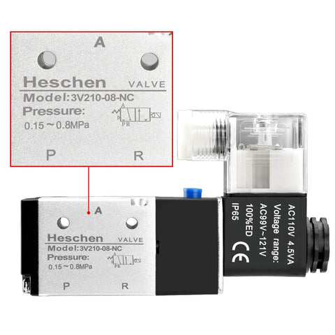 Heavy Duty Electrical Pneumatic Solenoid Valve 3V210-08-NC 110V AC, side view with model and pressure details