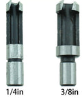Heavy Duty High Speed Steel Dowel Plug Removal Drill Bit Set, Titanium Coated Carpenter Tools showing 1/4in and 3/8in sizes.