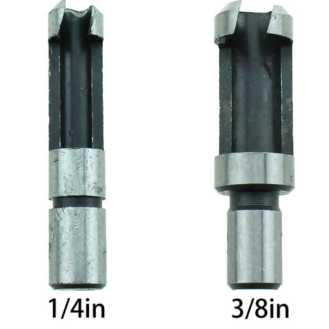 Heavy Duty High Speed Steel Dowel Plug Removal Drill Bit Set, Titanium Coated Carpenter Tools showing 1/4in and 3/8in sizes.