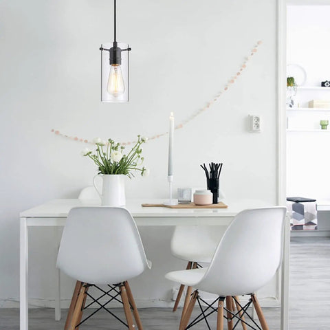 Dining area with single glass shade pendant light from Three Pack Dope Industrial Transparent Pendant Lights With Large Cylindrical Glass Shades And Clear Finish Adjustable Nylon Core Height For Kitchen Island Not Included Bulbs