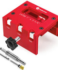 Heavy Duty Door Latch Mortise Tool For Router Clamp On Door Mount features red aluminum body with precision measurement marks for easy use.