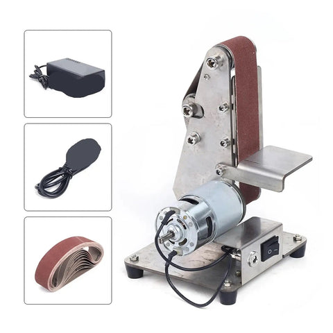 Compact Mini Electric Belt Sander And Polisher For Wood And Metal showing stainless steel build and sanding belt.
