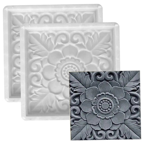 Two Pack Antique Lotus Design Concrete Paver Molds For DIY Garden Path Stepping Stones Reusable Cement Forms shown in white plastic.