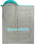 Three Season Sleeping Bag For Adults And Kids, Lightweight Yet Warm Camping Gear, open as a blanket view, waterproof nylon shell
