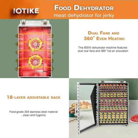Top Notch Stainless Steel Electric Food Dehydrator With 12 Hour Timer And Adjustable Temp Dial showing dual fans and adjustable 18-layer rack.